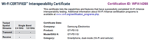 samsung 3rd-gen galaxy tab wifi certification