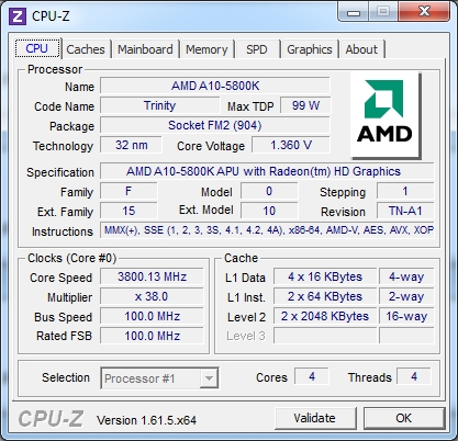 A10-5800K CPUZ  base clock 3800mhz