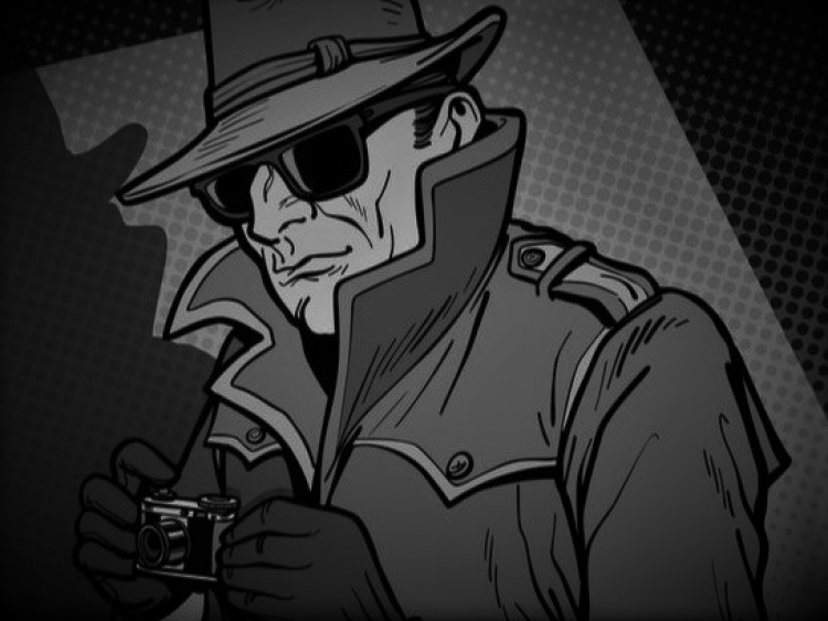Svartvit tecknad spion med kamera, solglasögon, hatt och rock med hög krage och handskar